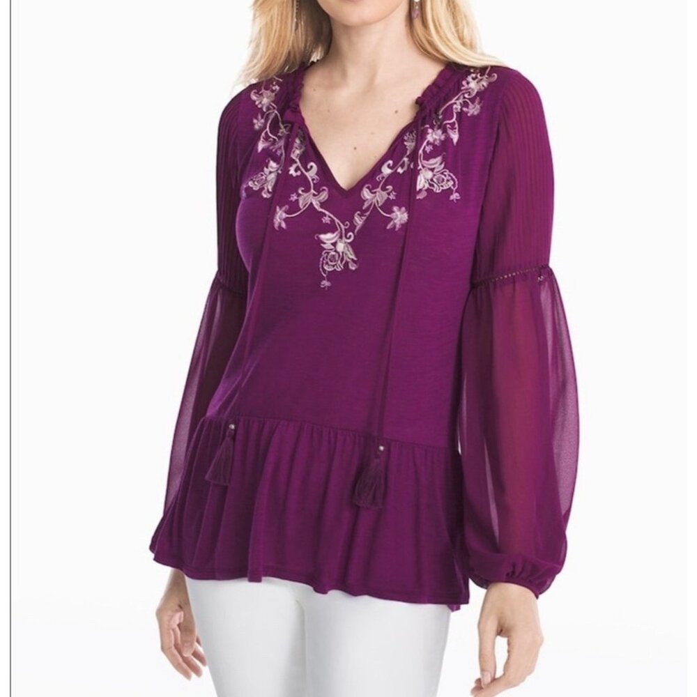 WHBM Top Plum M Medium Embroidered Smocked Long Sleeve Tassel Washable Fairy